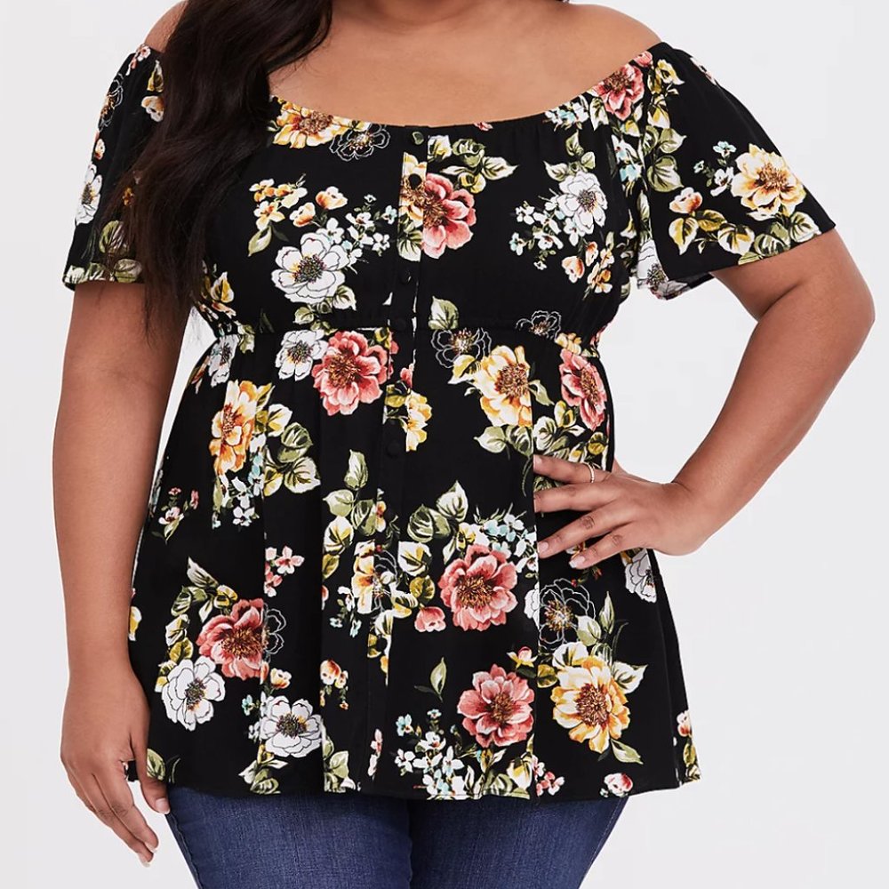 OFF THE SHOULDER BLACK FLORAL CREPE BABYDOLL - 2